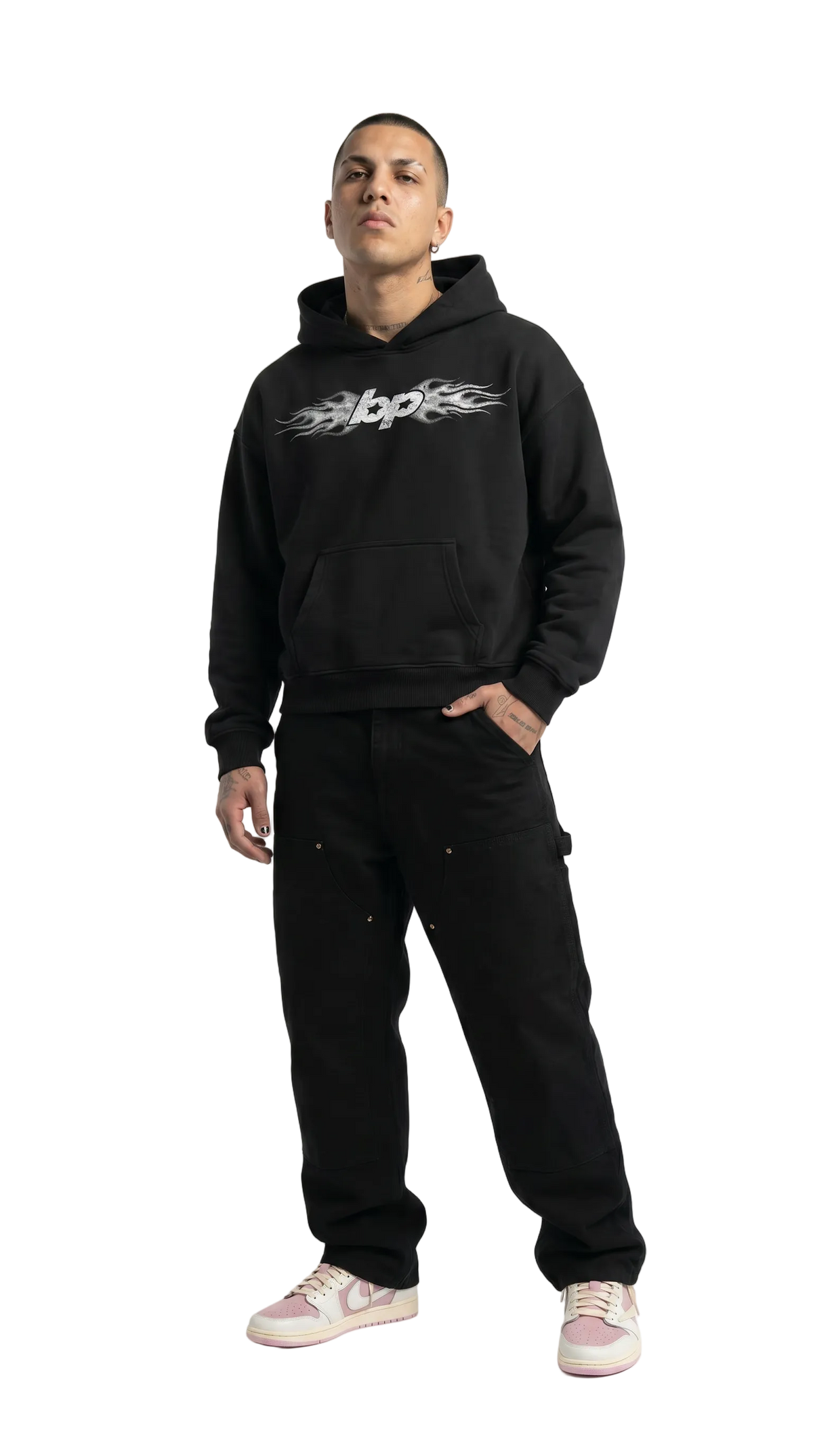 Hoodie boxyfit negro BYPIRLA BP Fire con capucha, vista frontal