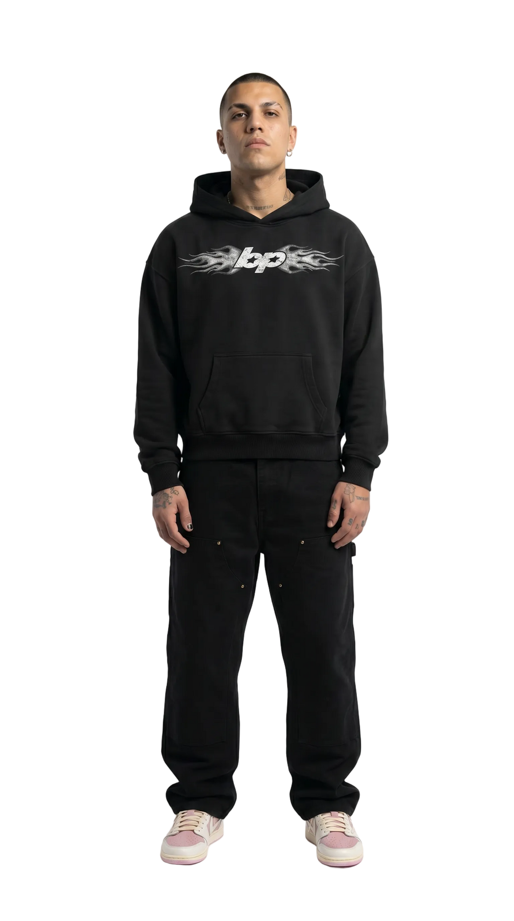 Hoodie boxyfit negro BYPIRLA BP Fire, primer plano del estampado