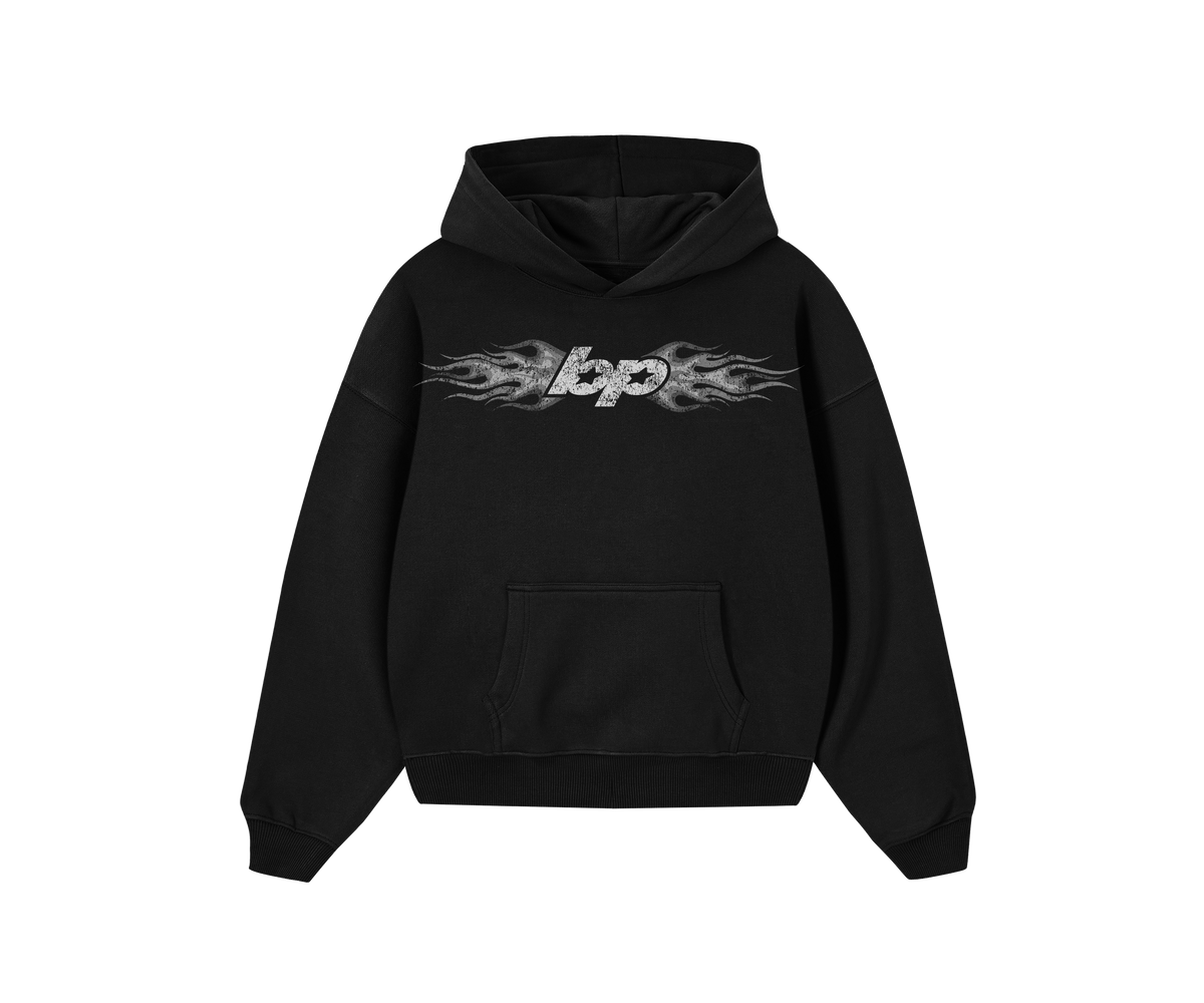 Hoodie boxyfit negro BYPIRLA BP Fire, vista frontal