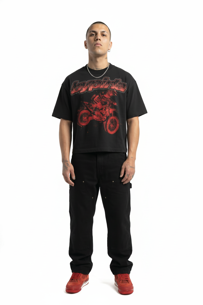 Modelo con polera boxyfit negra BYPIRLA Motocross, estilo streetwear urbano